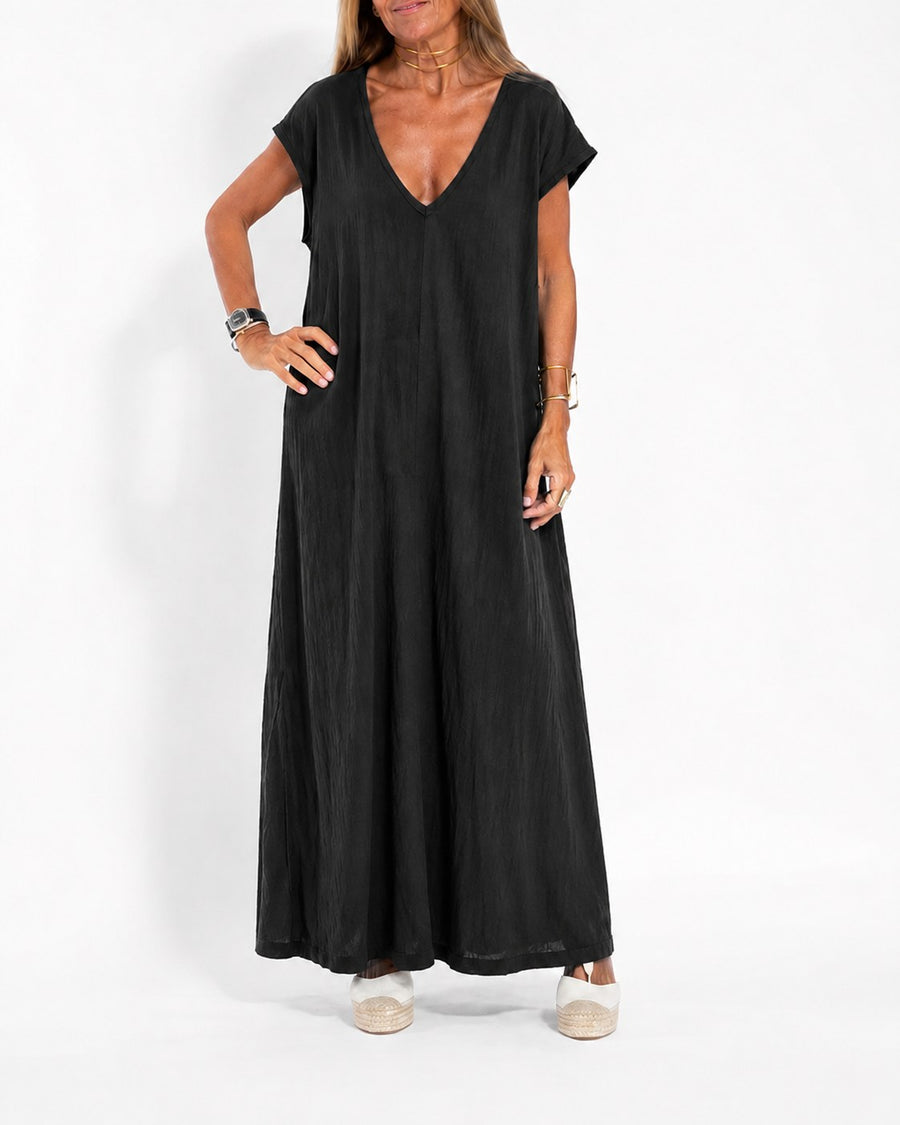 Vera Women's V-Neck Short Sleeve Maxi Dress Side Slit Loose in Red