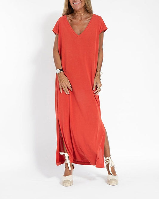 Vera Women's V-Neck Short Sleeve Maxi Dress Side Slit Loose in Red