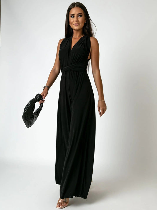 Vera Women's V-Neck Sleeveless Wide Leg Formal Jumpsuit in Black