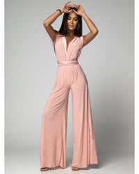 Vera Women's V-Neck Sleeveless Wide Leg Formal Jumpsuit in Peach