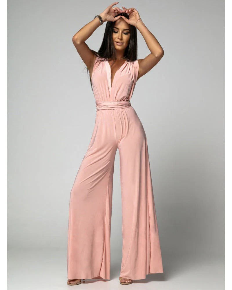 Vera Women's V-Neck Sleeveless Wide Leg Formal Jumpsuit in Peach