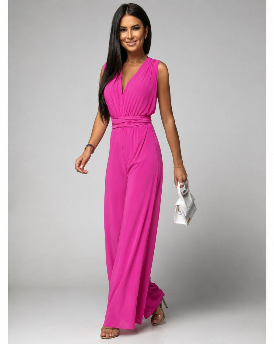 Vera Women's V-Neck Sleeveless Wide Leg Formal Jumpsuit in Pink