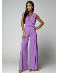 Vera Women's V-Neck Sleeveless Wide Leg Formal Jumpsuit in Purple