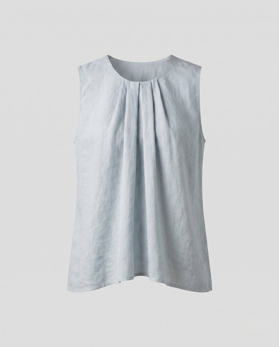 Verena Casual Linen Top with Sleeveless and Pleated in Graublau