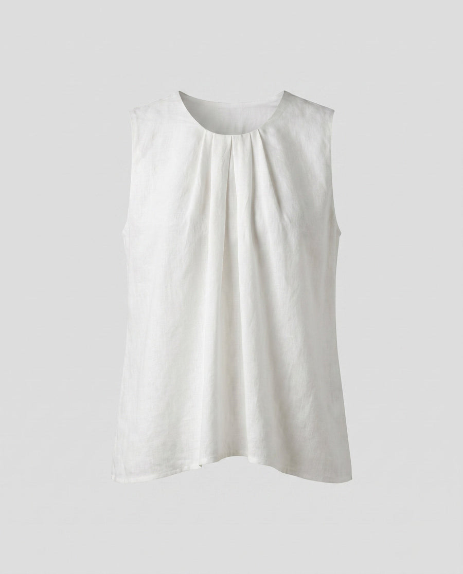 Verena Casual Linen Top with Sleeveless and Pleated in White