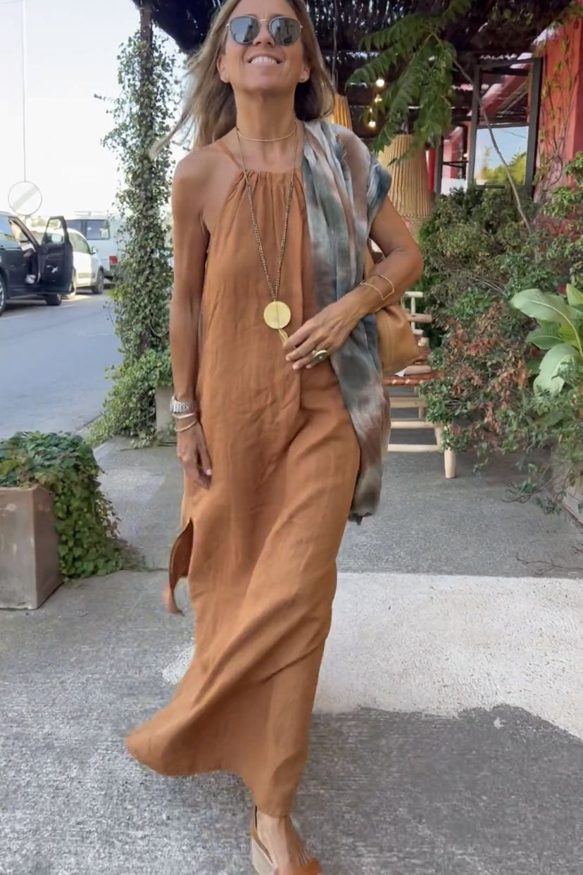 Verity Linen Dress with Side Split in Kamelfarben