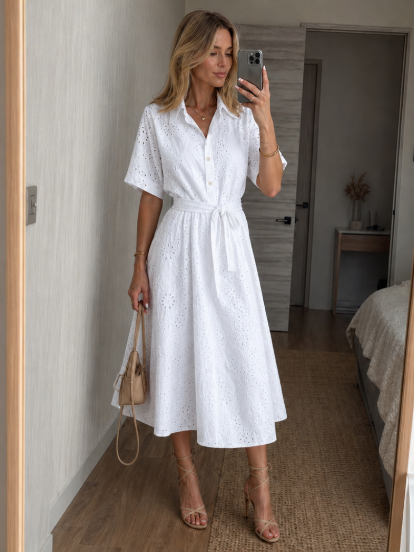 Verity | Women's White Eyelet Midi Shirt Dress