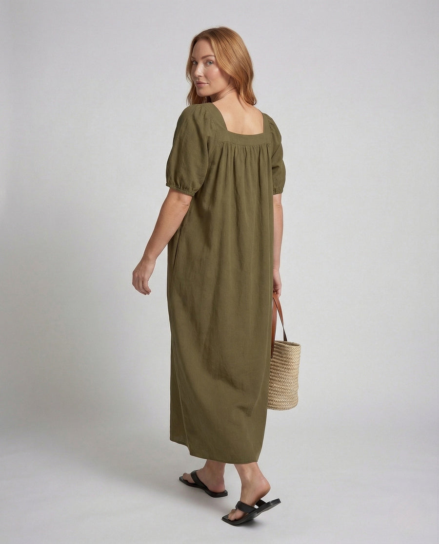 Vesper Maxi Dress with Puff Sleeve in Olive Green
