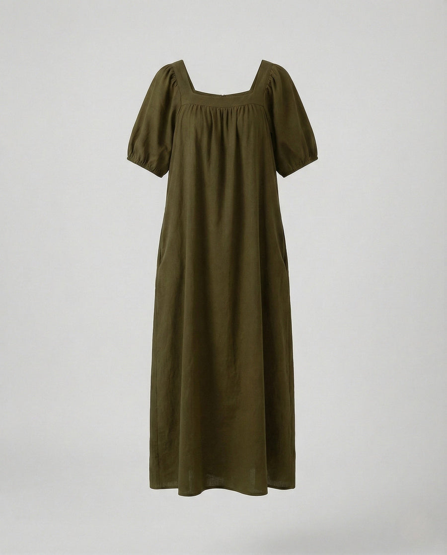 Vesper Maxi Dress with Puff Sleeve in Olive Green