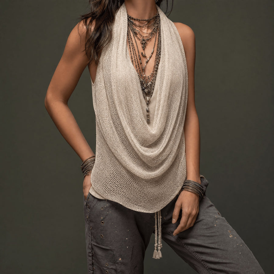 Vexara Women's Cowl Neck Draped Knit Halter Top in Beige