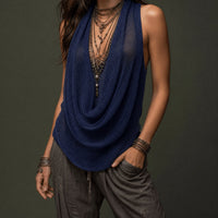 Vexara Women's Cowl Neck Draped Knit Halter Top in Navy