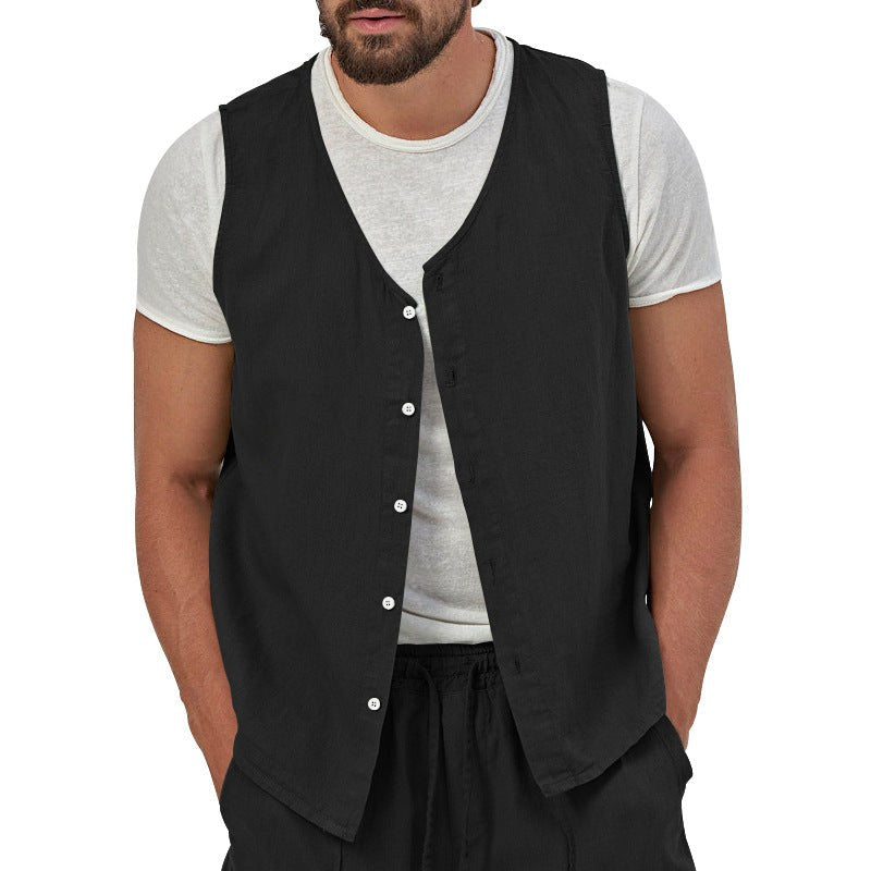 Victor Casual Linen Shirt with V-Neck and Sleeveless in Black