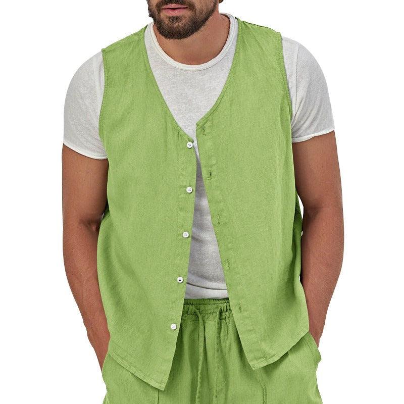 Victor Casual Linen Shirt with V-Neck and Sleeveless in Light Green