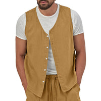 Victor Casual Linen Shirt with V-Neck and Sleeveless in Ochre