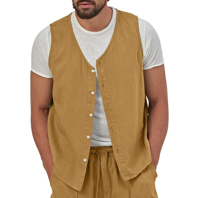 Victor Casual Linen Shirt with V-Neck and Sleeveless in Ochre