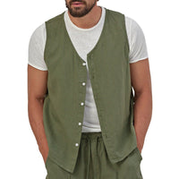 Victor Casual Linen Shirt with V-Neck and Sleeveless in Olive