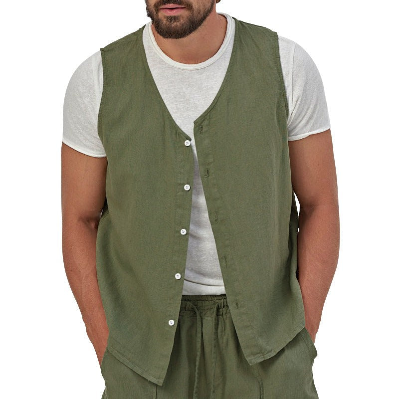 Victor Casual Linen Shirt with V-Neck and Sleeveless in Olive