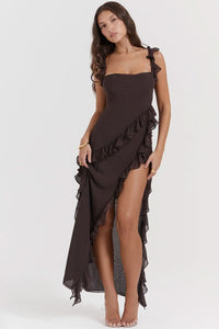 Victoria | Ruffled Maxi Dress in Brown