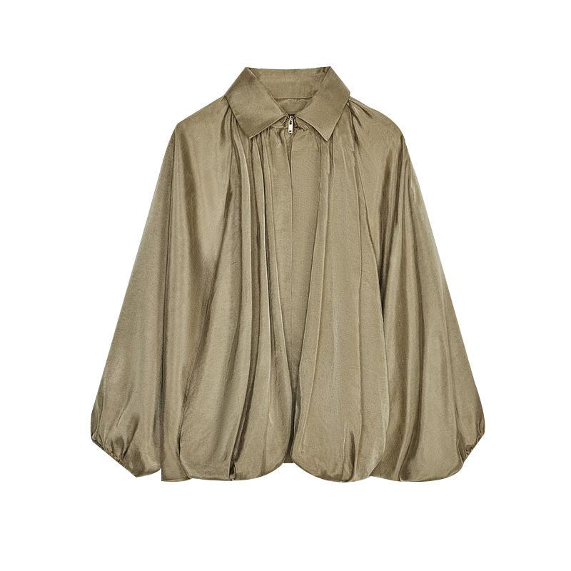 Vida Lightweight Blouse with Zip Front in Olive Green