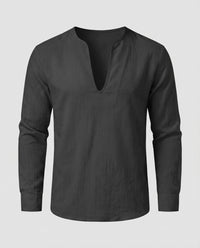 Vigo Linen Shirt with V-Neck in Black