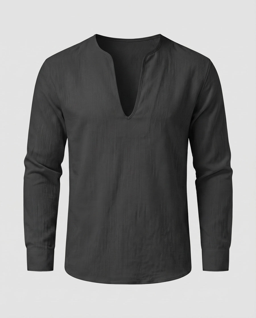 Vigo Linen Shirt with V-Neck in Black