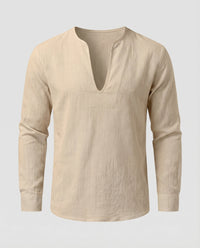 Vigo Linen Shirt with V-Neck in Khaki