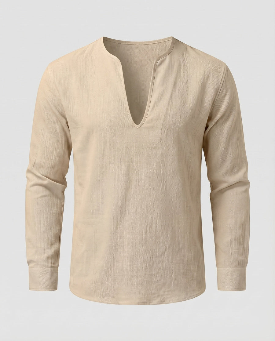 Vigo Linen Shirt with V-Neck in Khaki