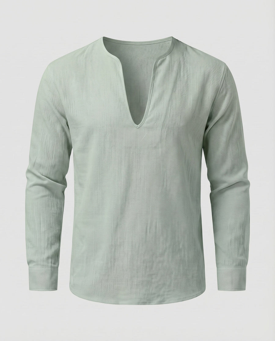 Vigo Linen Shirt with V-Neck in Light Green
