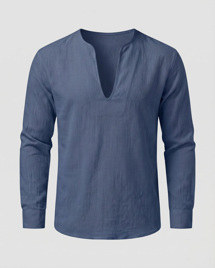 Vigo Linen Shirt with V-Neck in Navy