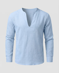 Vigo Linen Shirt with V-Neck in Sky Blue