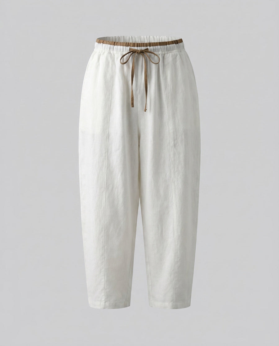Viola Casual Linen Trousers with Elastic Waist in White