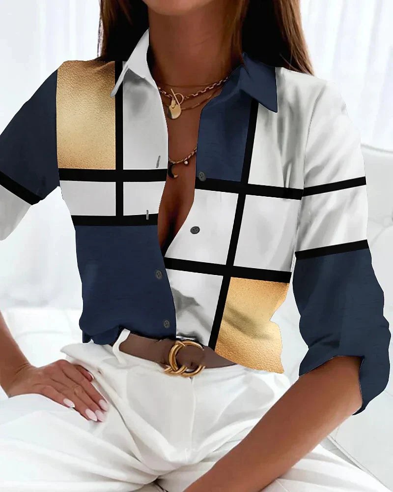 Viola Women's Printed Long Sleeve Button-Up Blouse in Gold