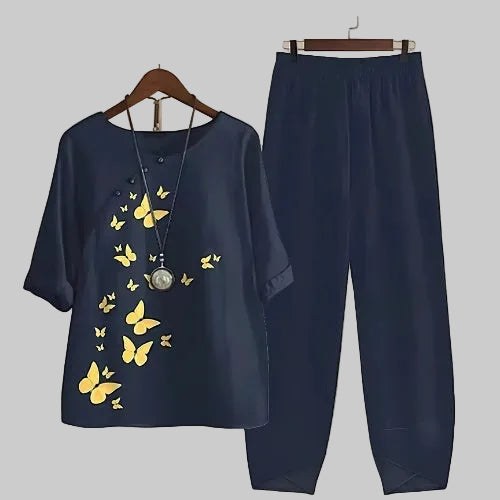 Violeta Women's Butterfly Print Short Sleeve Lounge Set in Navy Blue
