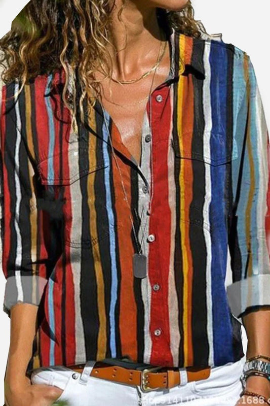 Vivienne Women's Printed Shirt Long Sleeve Abstract Print Button-Up Top in Stripe