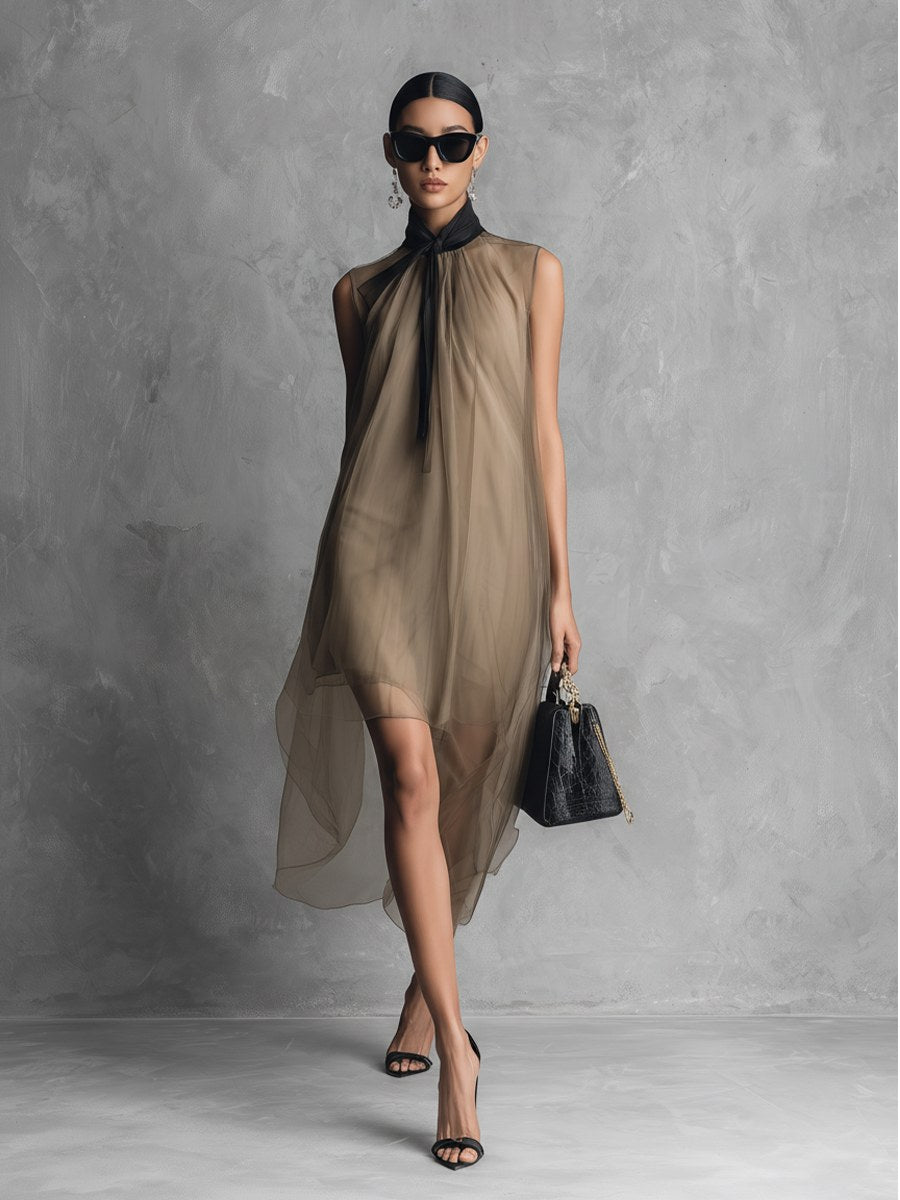 Vornaith Women's Sheer Chiffon Midi Dress Tie Neck in Khaki