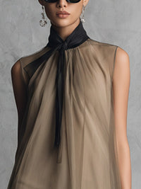 Vornaith Women's Sheer Chiffon Midi Dress Tie Neck in Khaki