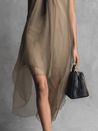 Vornaith Women's Sheer Chiffon Midi Dress Tie Neck in Khaki