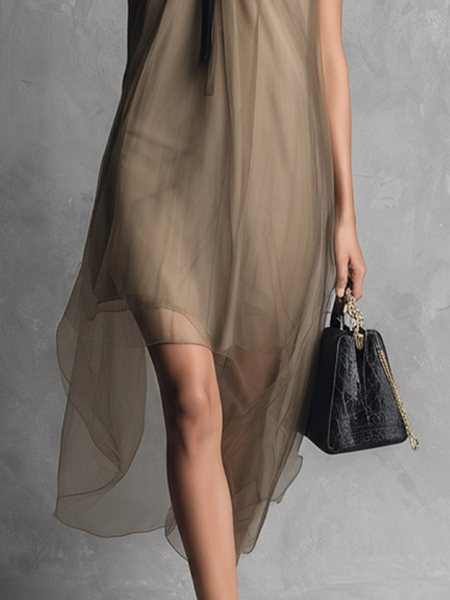 Vornaith Women's Sheer Chiffon Midi Dress Tie Neck in Khaki