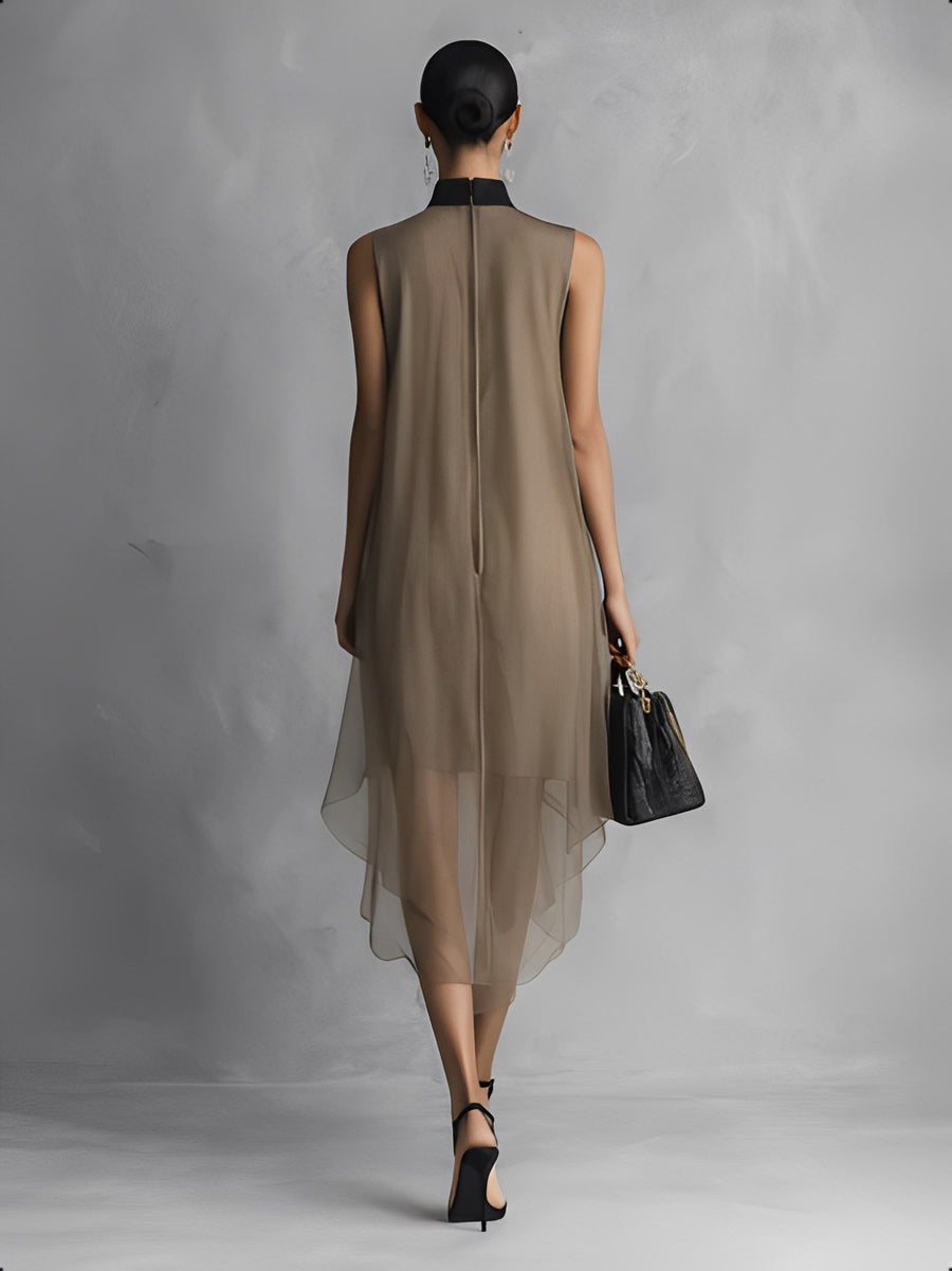 Vornaith Women's Sheer Chiffon Midi Dress Tie Neck in Khaki