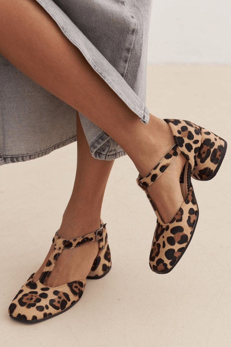 Vorrena Women's Leopard Print T-Bar Block Heel Sandals in Animal