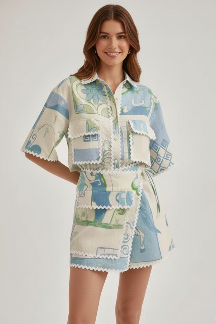 Vorrinda Women's Boho Print Short Sleeve Top & Shorts Set in White