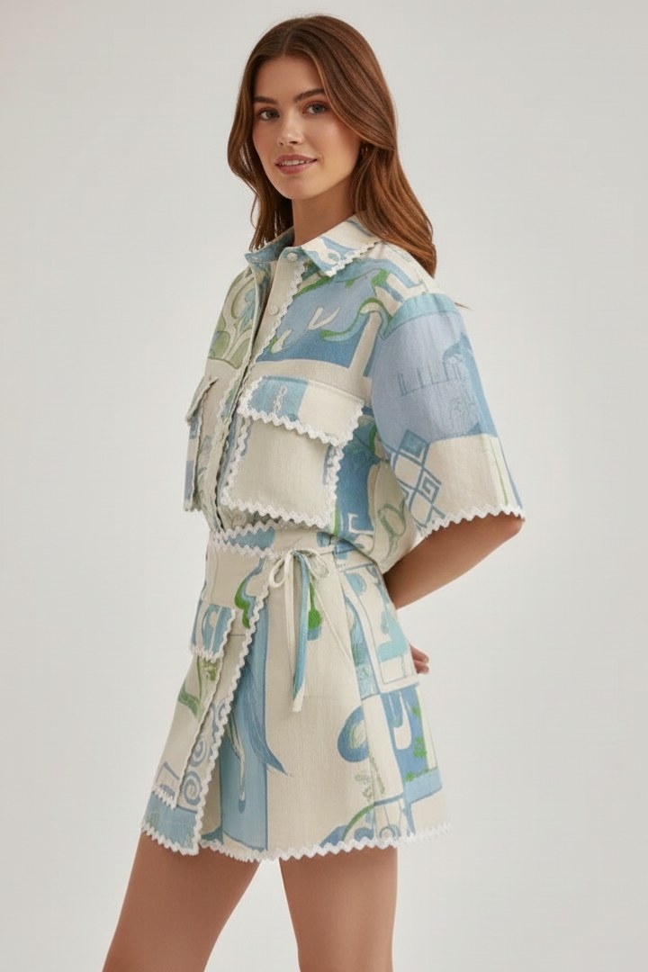 Vorrinda Women's Boho Print Short Sleeve Top & Shorts Set in White
