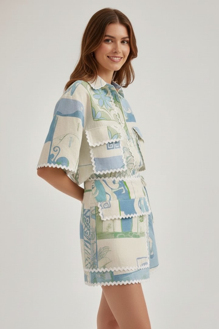Vorrinda Women's Boho Print Short Sleeve Top & Shorts Set in White