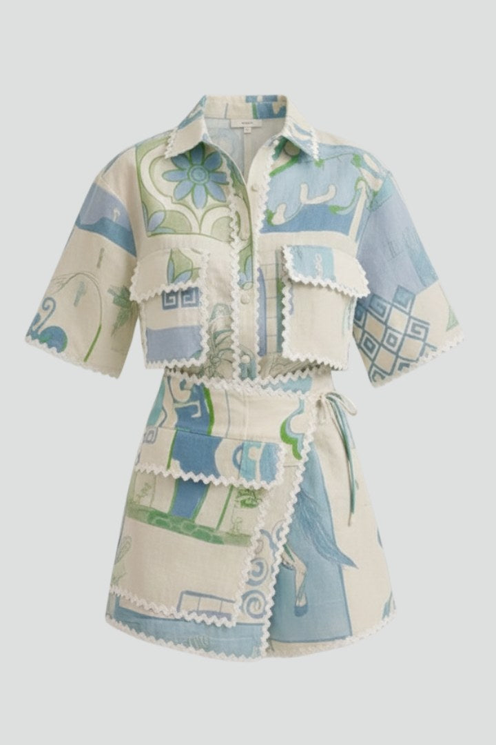 Vorrinda Women's Boho Print Short Sleeve Top & Shorts Set in White
