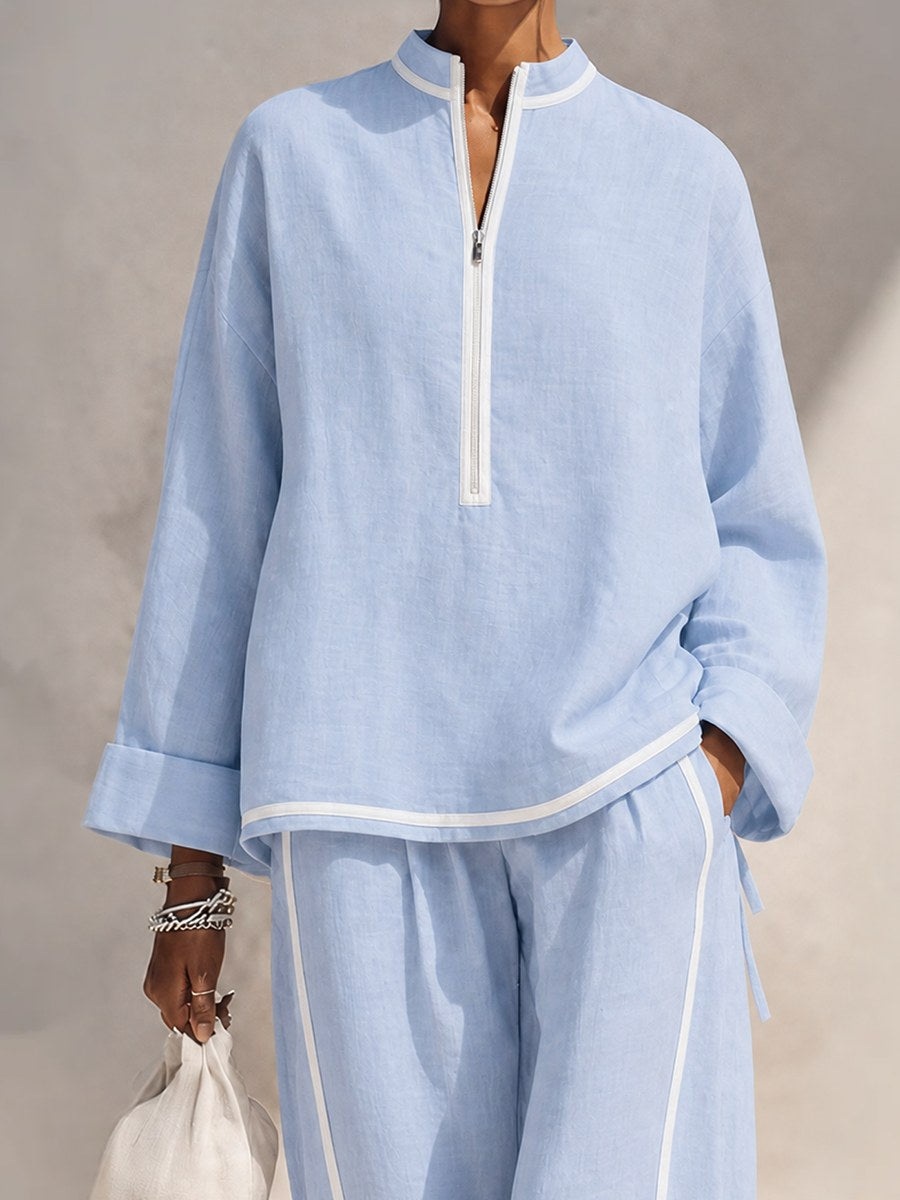 Vorrinda Women's Linen Two Piece Set Wide Leg in Blue