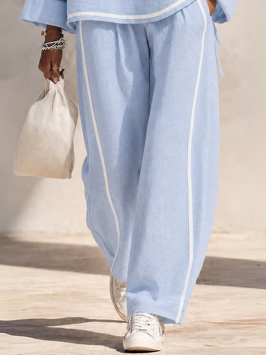 Vorrinda Women's Linen Two Piece Set Wide Leg in Blue