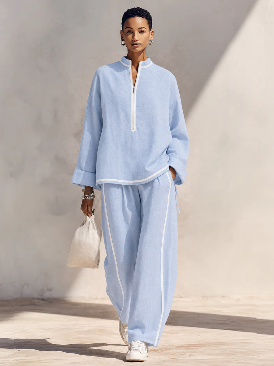 Vorrinda Women's Linen Two Piece Set Wide Leg in Blue