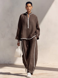 Vorrinda Women's Linen Two Piece Set Wide Leg in Brown