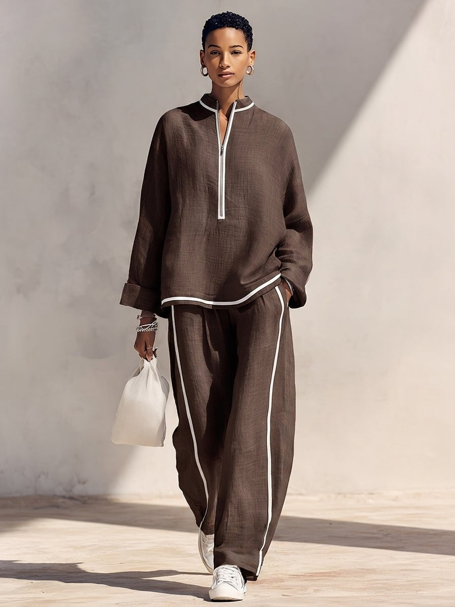 Vorrinda Women's Linen Two Piece Set Wide Leg in Brown