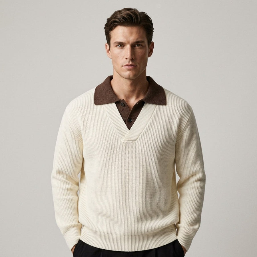 Weston Ribbed Polo Sweater in Beige